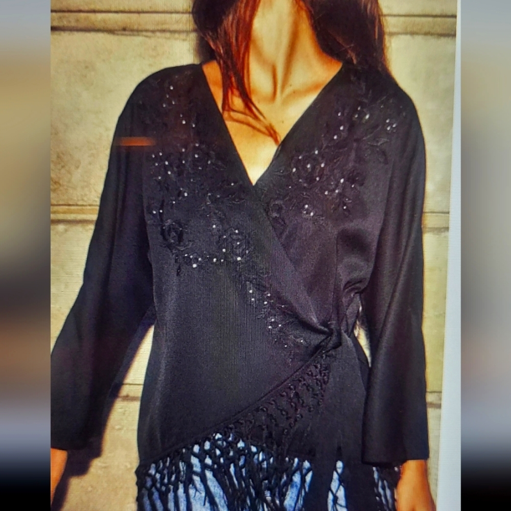 Zara Black Fringed Kimono Embellished Wrap Blouse 3/4 Sleeve